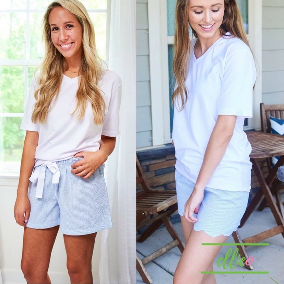 Ellieo Other - NWT EllieO Seersucker Blue & White Lounge Shorts Preppy Pajama's Straight Bottom